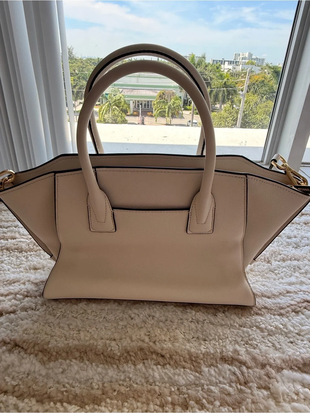 Michael Kors Beige Leather Satchel with Gold MK Charm